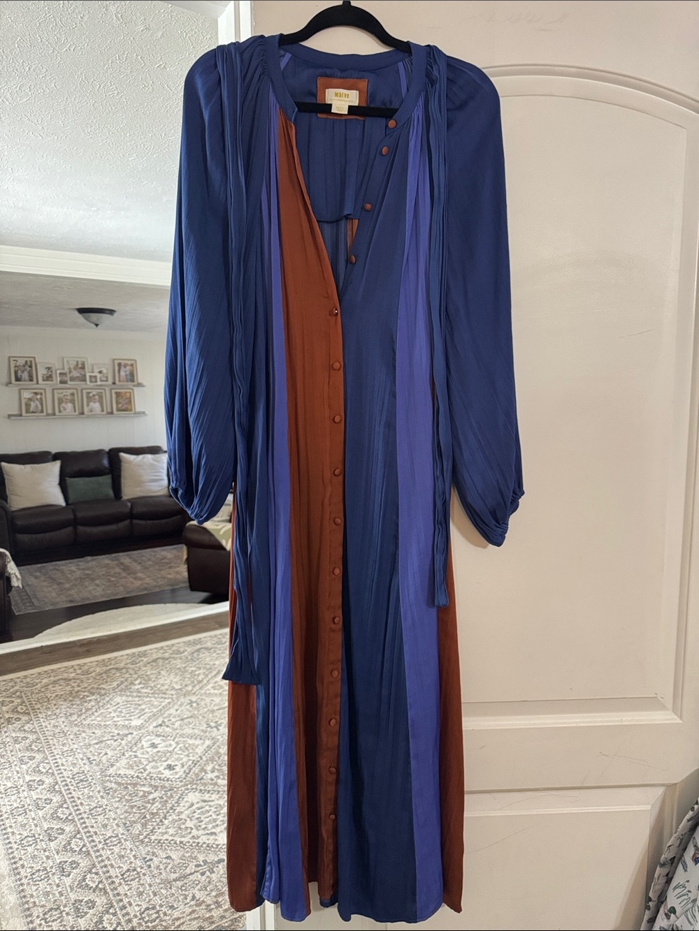 Maeve Colorblock Long-Sleeve Button-Front Midi Dress in Blue and Brown